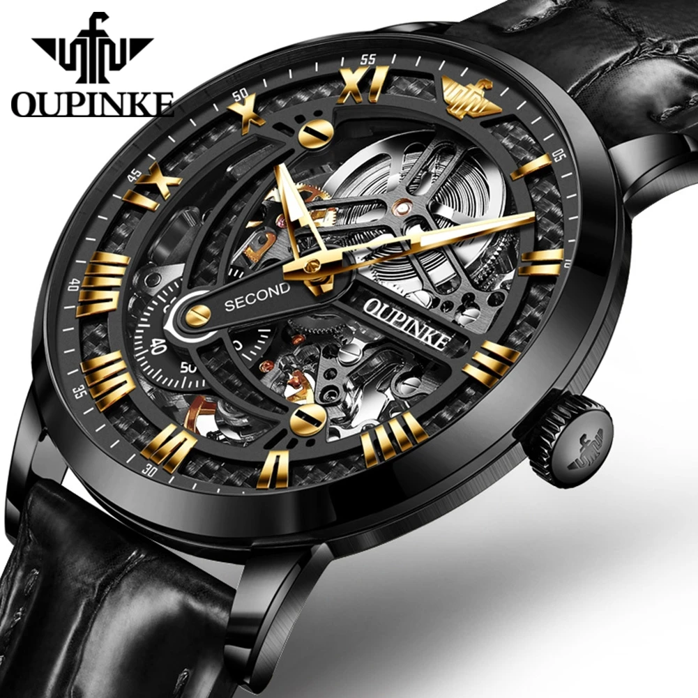 OUPINKE Automatic Mechanical Watch for Men Genuine Leather Strap 3D Hollow Out Luxury Sapphire Mirror Wateproof Men's Wristwatch