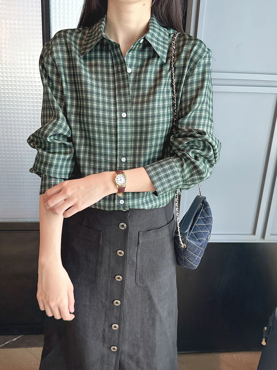 

Delicate Woven Britsh Retro Green Plaid Silk Shirt with Detachable Bow Tie Spring Summer New Style Women's Loose Fit Long Sleeve