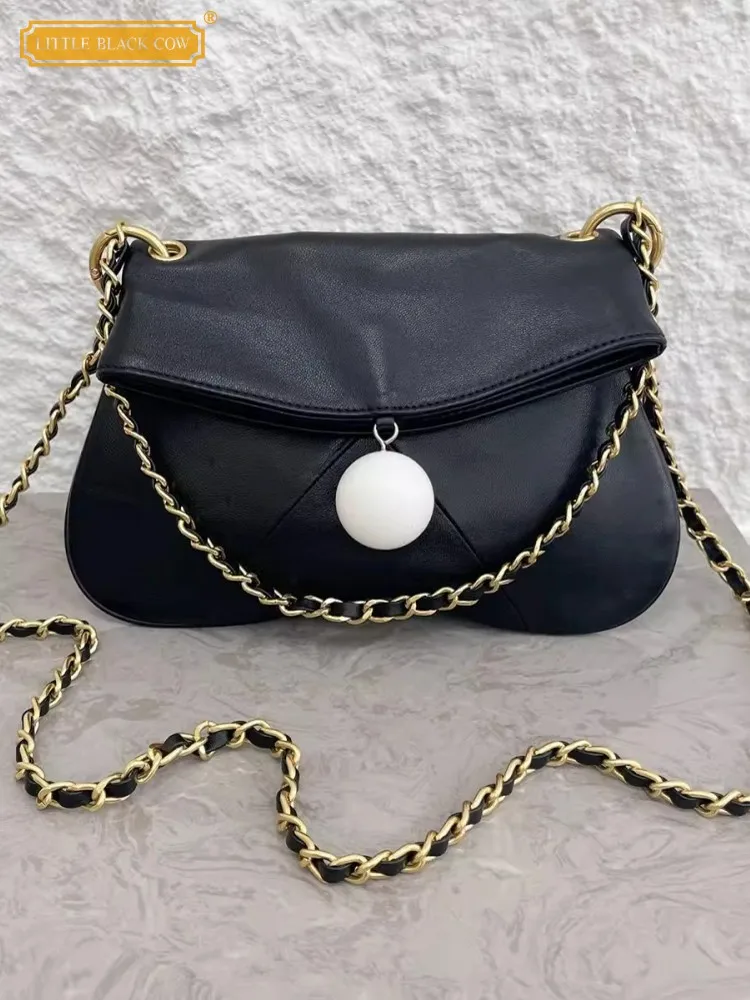 

Office Ladies Sheepskin Genuine Leather Underarm Bag Flap Women Chain Strap Shoulder Bag Vintage Fashion Ball Crossbody Bags