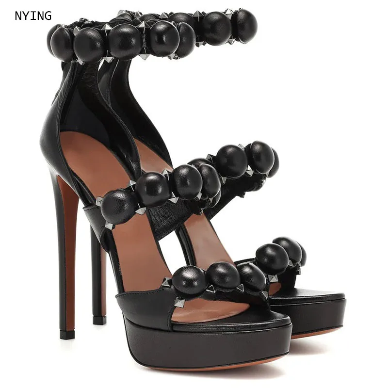 Summer Women Black Leather Platform Stiletto Sandals, Stud Decor Ankle Strap Rear Zipper Open Toe Super High Heels for Dress