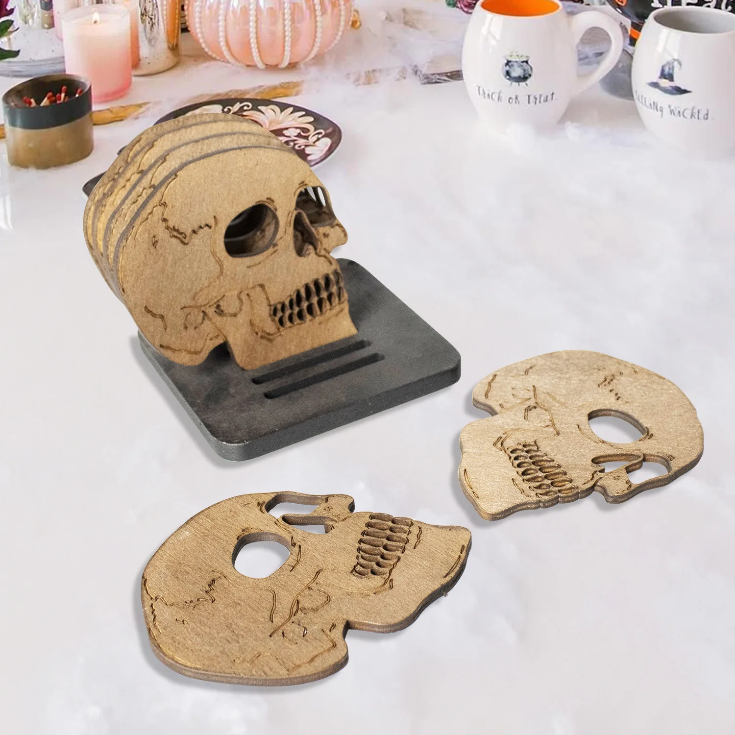 

New Halloween wooden skull coasters, festive dining table atmosphere decorations, dance party table decorations