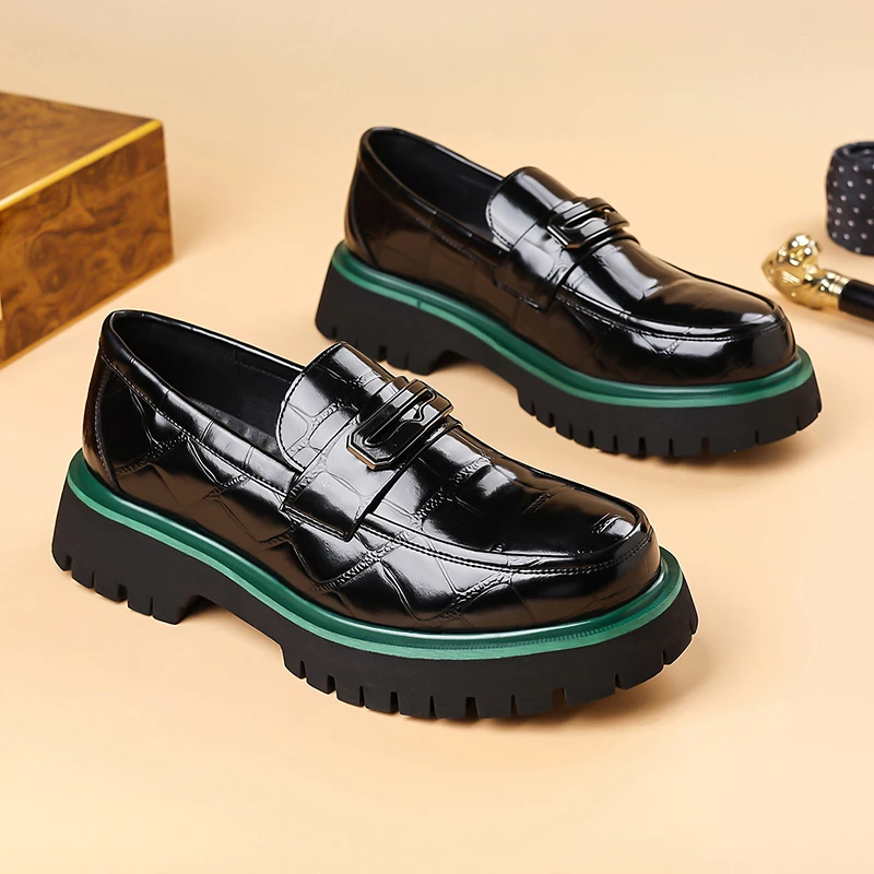 Men Crocodile Pattern Platform Loafers Thick Sole Height Increasing Business Dress Leather Shoes Slip On Casual Formal Footwear