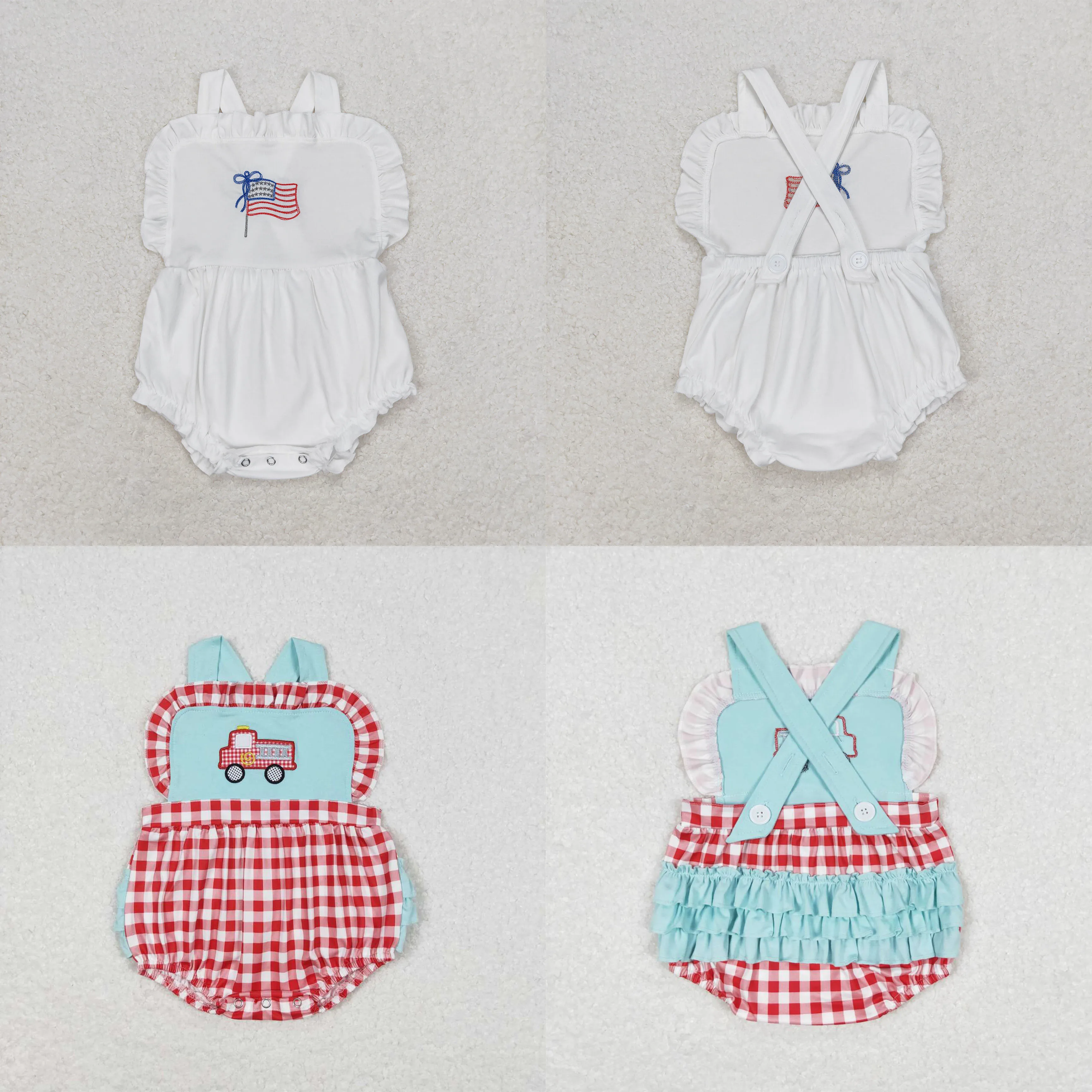 Wholesale Baby Girl Embroidery July 4th Bubble Romper Newborn Toddler Sleeveless Flag White Cotton Kids Children Overall Clothes