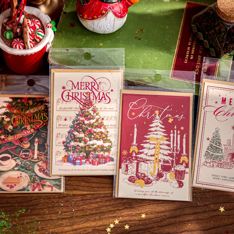 4pcs Rectangular Christmas Greeting Cards Candlelight Song Series Handmade Blessing Small Card Creative Practical Decor Gifts