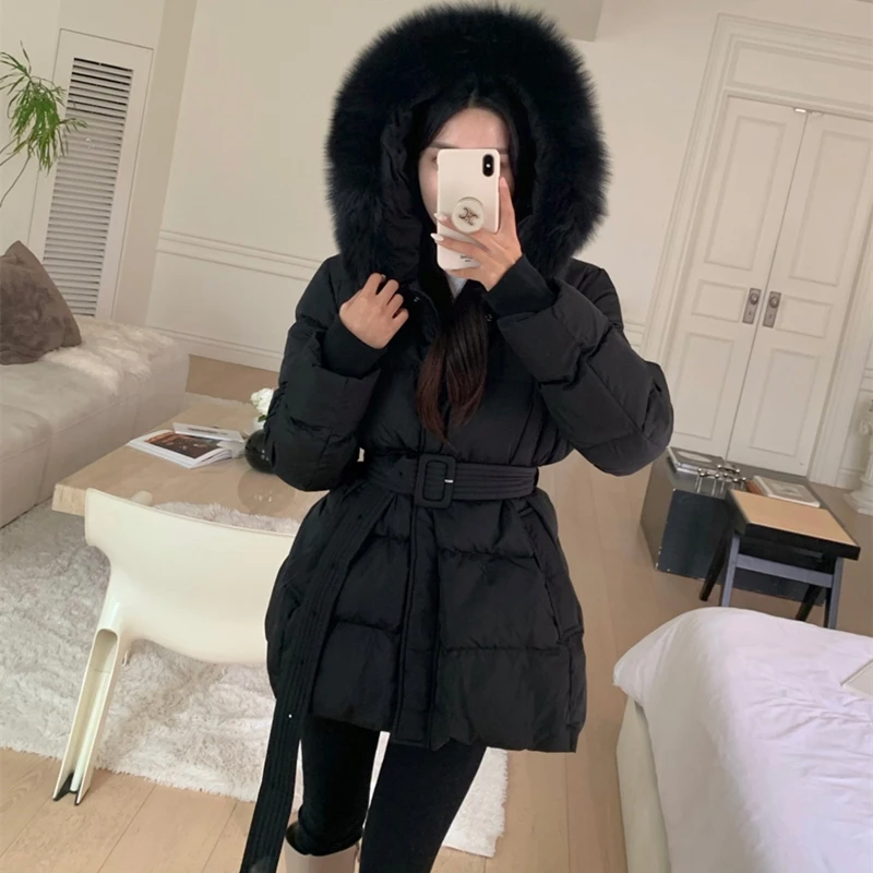 2023 New Women Winter Slim Fur Collar Hooded Down Coats Female Solid Color Warm Outerwear Ladies White Duck Down Jackets