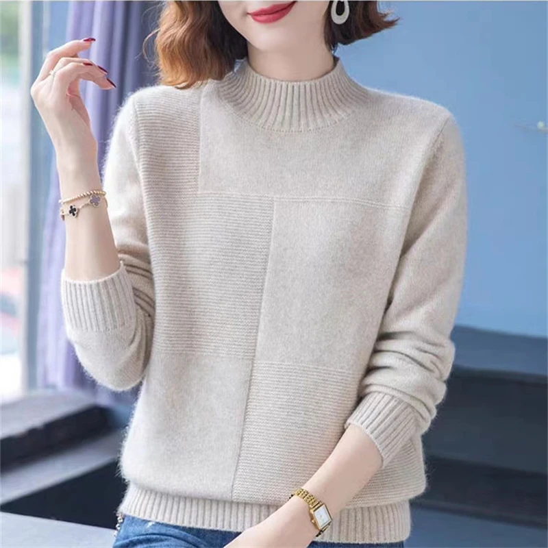 Sweater rajut lembut wanita, atasan Pullover longgar lengan panjang polos perempuan, Sweater rajut lembut kerah setengah tinggi, kasual, sederhana, musim dingin 2023