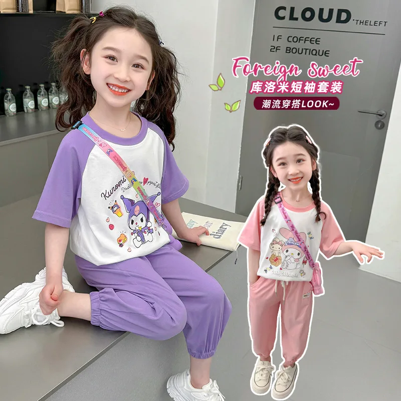 

Детский комплект футболок Sanrio для девочек Kuromi My Melody, комплект из 2 предметов для отдыха, летние спортивные штаны с короткими рукавами, детский пуловер, свитшот