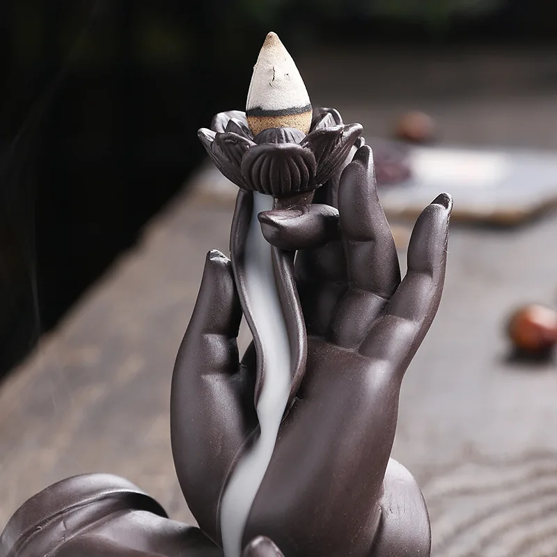 Purple Clay Indoor Home Incense Creative Large Buddha Hand Backflow Aromatherapy Burner Gift Orna