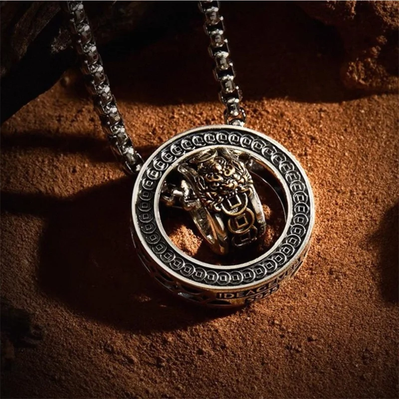 Ethnic Style Double Circles Pendant Men Jewelry Retro Relief Wealth Beast Pixiu Coin Design Male Choker Necklace Accessories