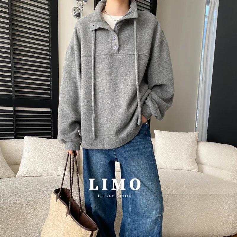 LIMO Spring Summer 2025 Trending Simple Casual Comfortable Lapel Hoodie with Drawstring Buttons Design Polyester Fabric