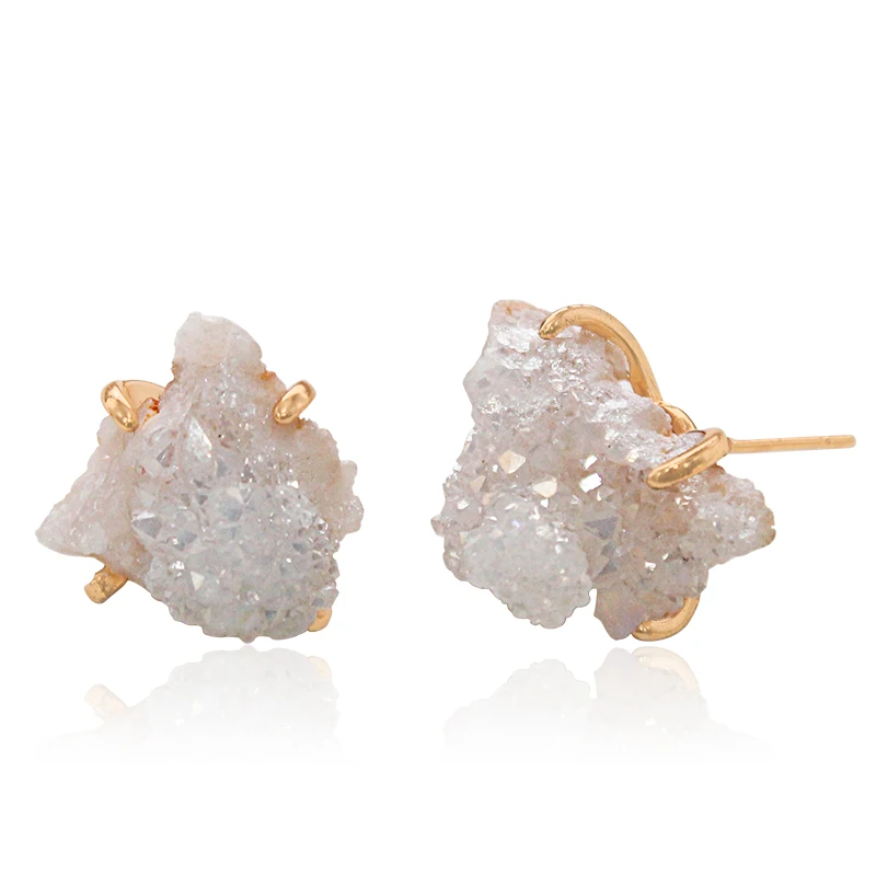 Irregular Druzy Crystal Quartz Stud Earrings for Women Natural Stone Healing Crystal Fashion Ear Jewellery