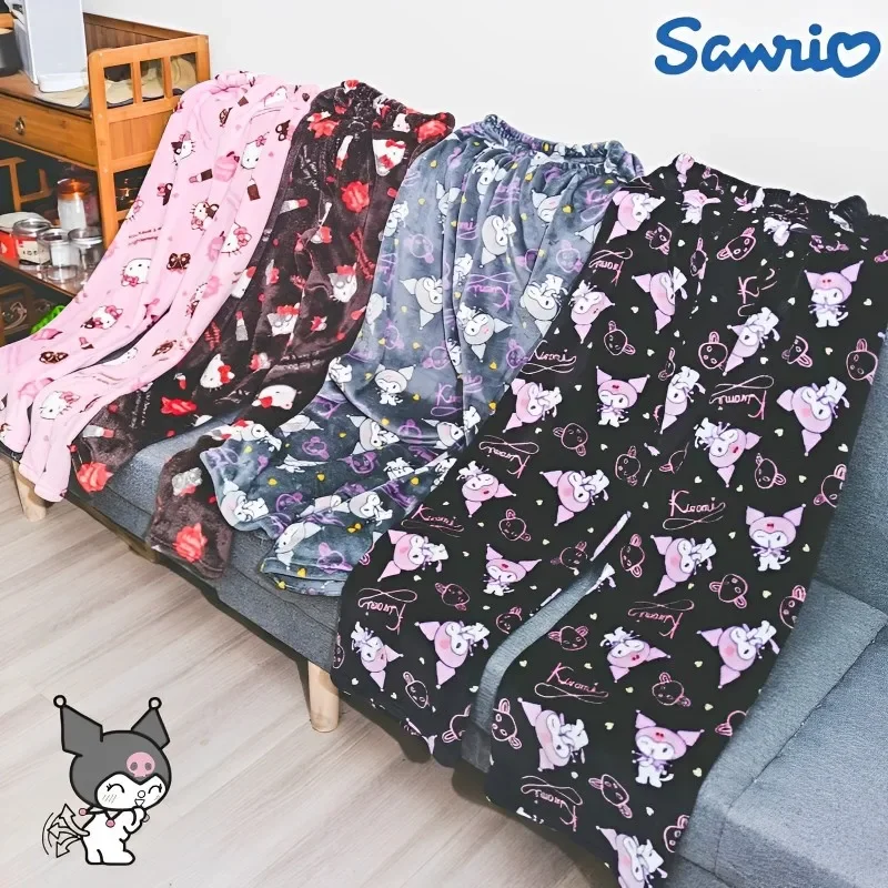 2023 Hot Sanrio Hello Kitty Kuromi Pajamas Halloween Flannel Fashion Trouserswomen Kawaii Woolen Anime Cartoon Casual Home Pants