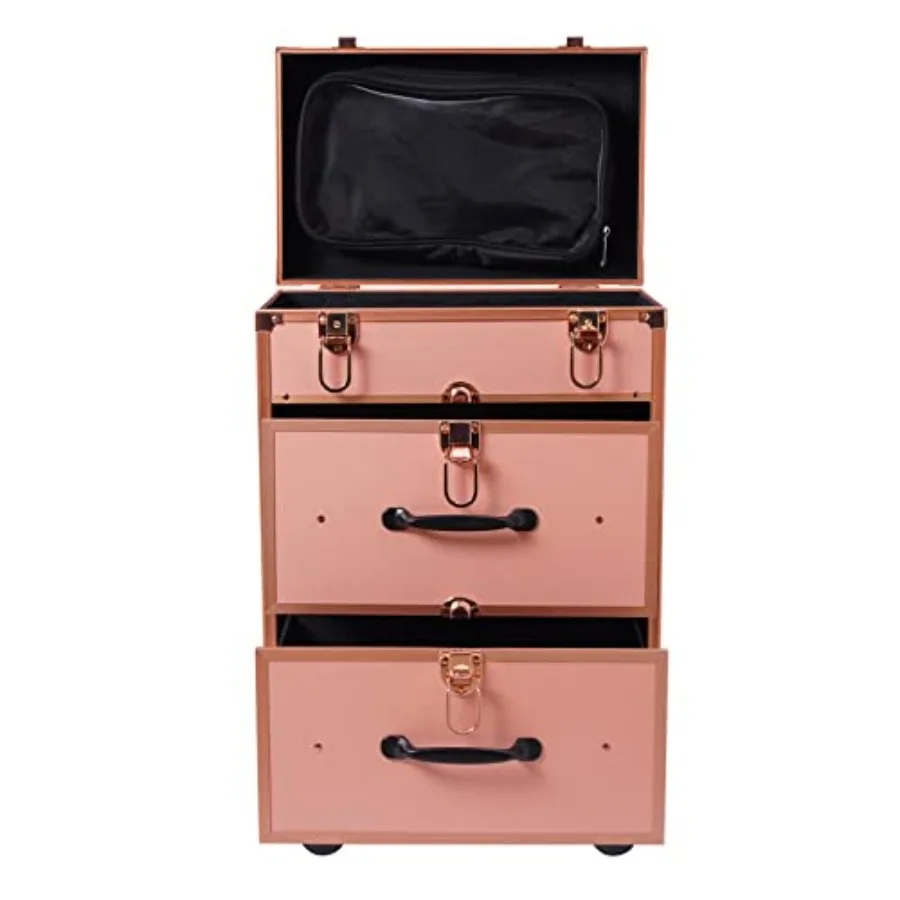 3-Tier Aluminum Rolling Makeup Case Golden Portable Cosmetic Organizer with Lock and Key Travel Beauty Luggage for Makeup Nail