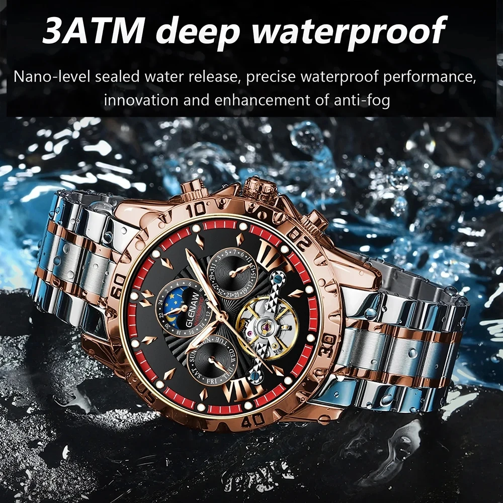 Gleaw-Reloj de pulsera para hombre, accesorio masculino de pulsera resistente al agua con mecanismo automático, complemento mecánico de marca lujosa