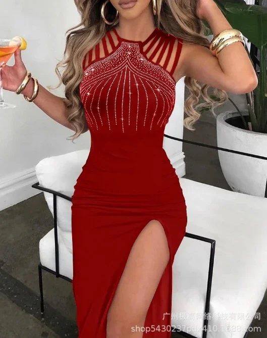 CPSYMYM-vestidos sexys para mujer, decoración de diamantes de imitación, elegante, con múltiples correas, abertura larga, cuello redondo, sin mangas, Maxi vestido de fiesta ajustado