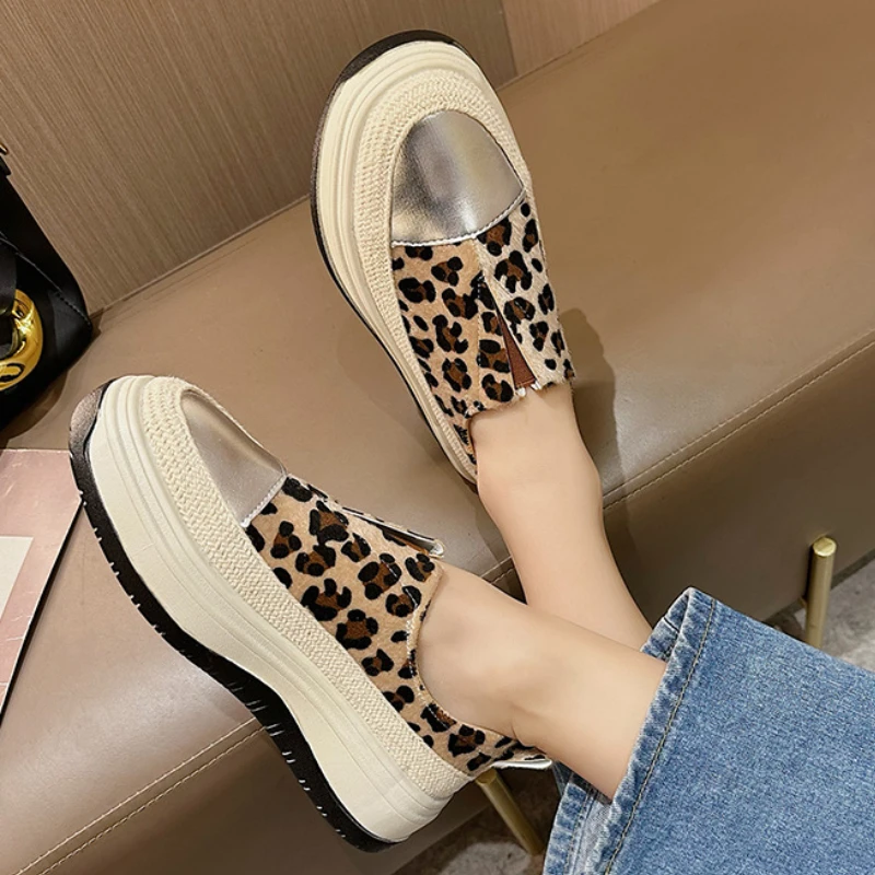 Women\'s Leopard Print Platform Shoes Comfortable Anti-slip Loafers Casual Round Head Walking Flats Zapatillas De Mujeres