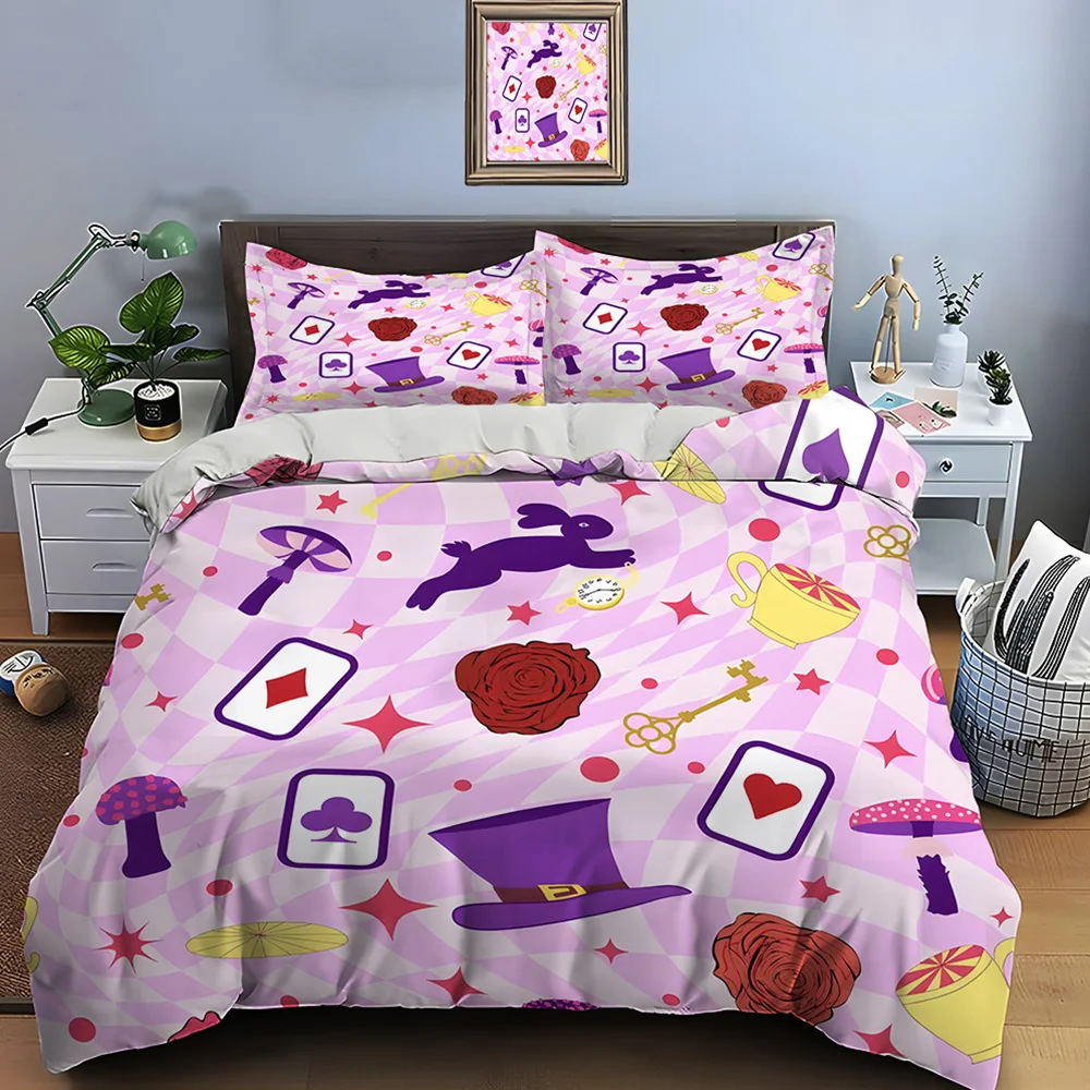 Rabbit Card Mushroom Element Bedding Set for Kids Luxury Gift 3pcs Digital Print Comforter Set Soft Comfortable Breathable