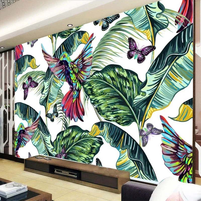 Custom 3D Green Leaf Butterfly Bird Large Mural Nordic Modern Living Room Restaurant Kitchen Wall Decor Painting Wallpaper Tapet