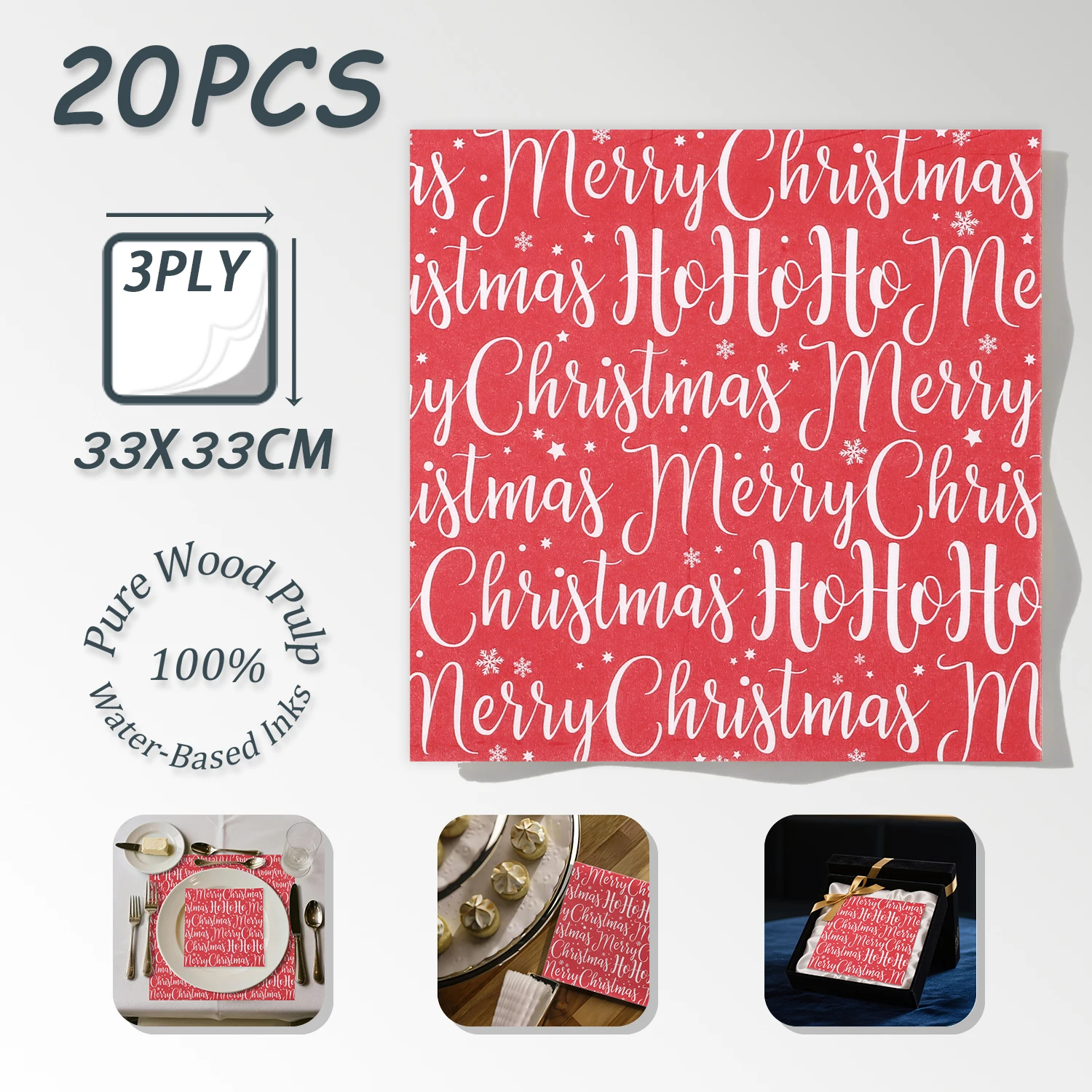 

20 шт., бумажная салфетка с принтом текста «С Рождеством», из чистой древесной массы, 33x33 см-3 слоя, одноразовые салфетки для декупажа, праздничные декоративные салфетки