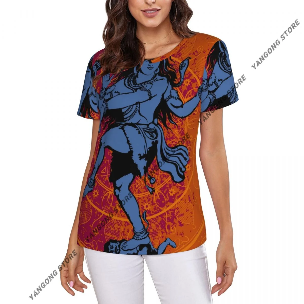 Women's T-shirt Indian God Shiva On The Mandala Background Tshirt Women Casual O-Neck Short Sleeve Tops Tees Clothing