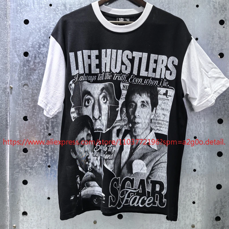 Men Women Couple Streetwear Rhinestone Embellishments High Street Retro Style Life Hustlers Short-sleeved Round-neck T-shirt