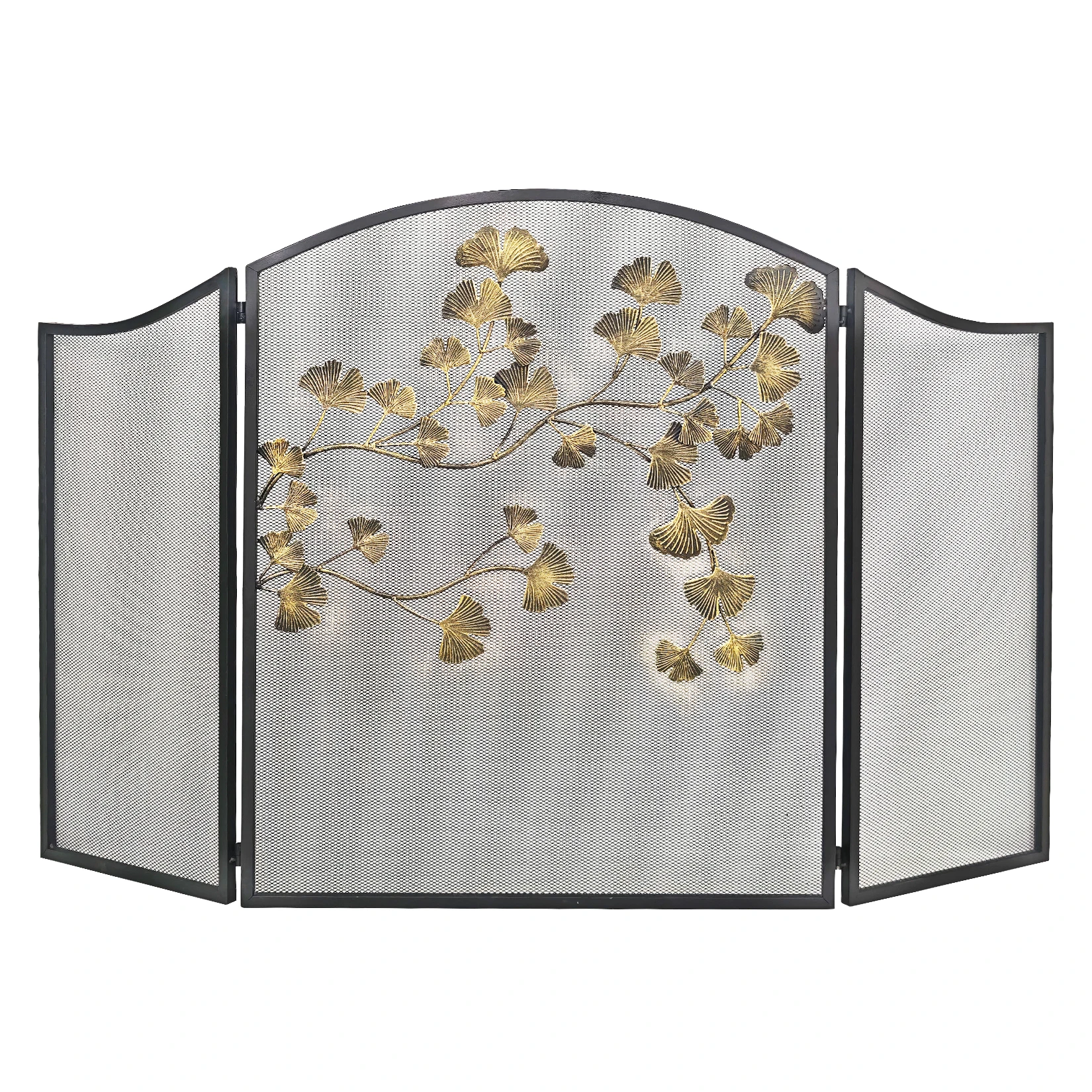 Unho 3 Panel Fireplace Screen with Ginkgo Leaf Foldable Spark Guard Freestanding Decorative Wrought Iron Cover for Living Room