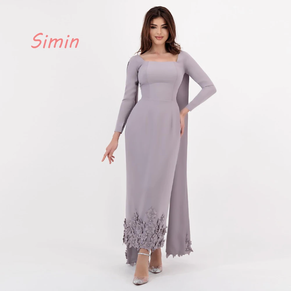 

Simin Square-Neckline Straight Flowers Long-Sleeves Ankle-Length robes de soirée Saudi Arab Evening dresses for women 2024