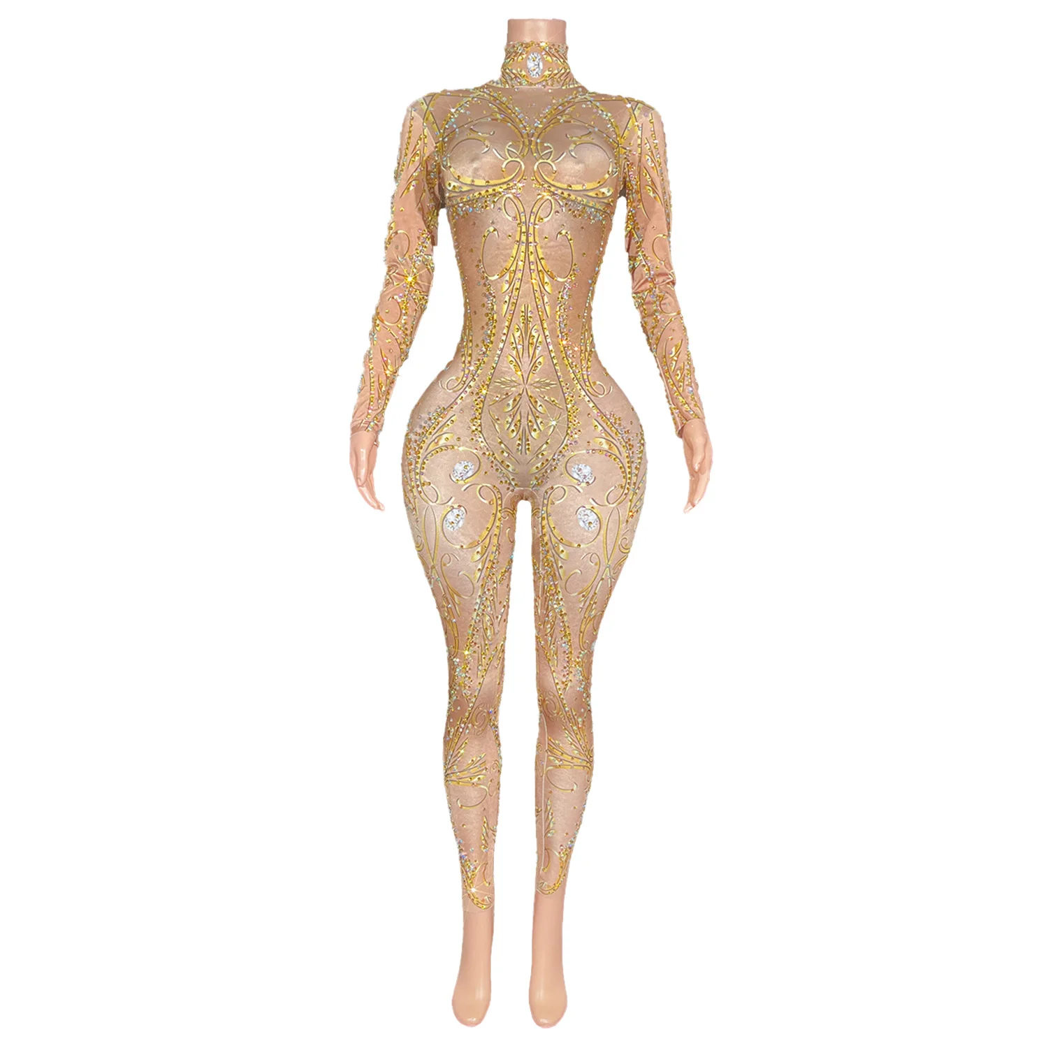 Sparkly Gold Diamonds Jumpsuit Women Stretchy Nightclub Party Outfit Singer Dancer Performance Costume Stage Wear Jinfenghuang