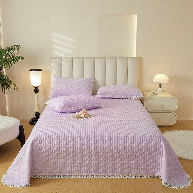 

2024 new solid color small lace milk fleece padded bed cover single piece autumn and winter thickened coral fleece mattress