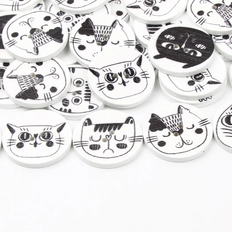 30pcs 25mm Mix Cat Painting Button Cartoon Sewing Wooden Buttons For Clothing Scrapbook Christmas Crafts Card Sewing Accessories