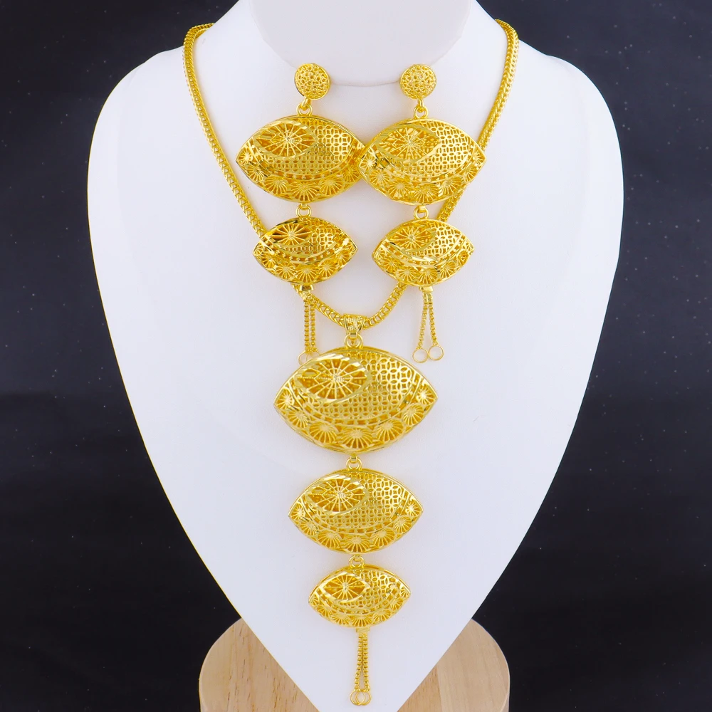 

Dubai Hollow Design 18K Gold Plated Chain Necklace Charms Earrings for Women Jewelry Set for Daily Wear Party Wedding Gift