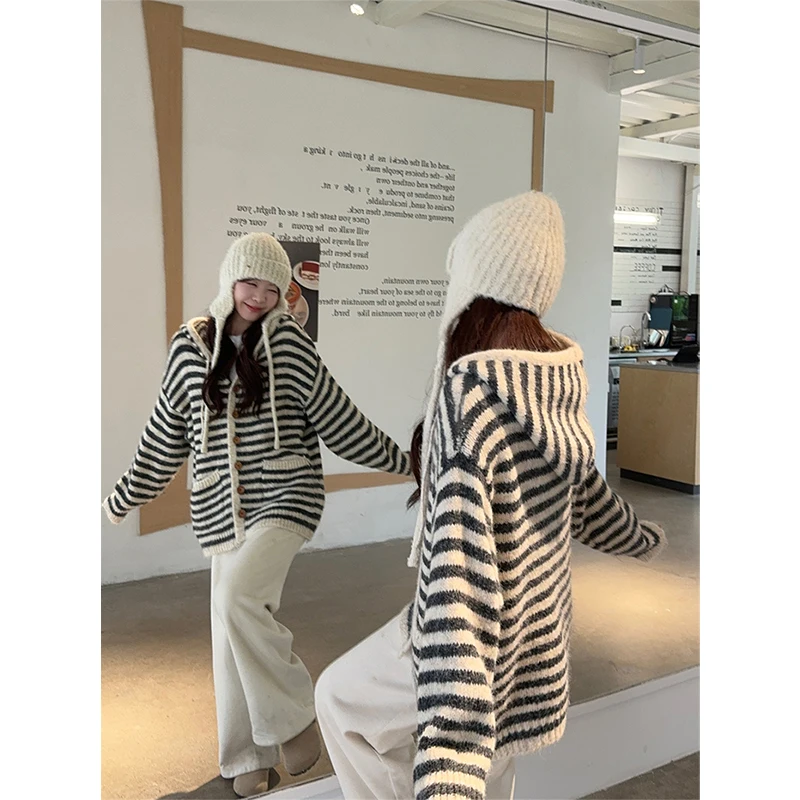 Harajuku Striped Knitted Cardigan Women Fashion Hooded Sweater Outerwears Korean Oversized Knitwears Winter Long Sleeve Jumpers