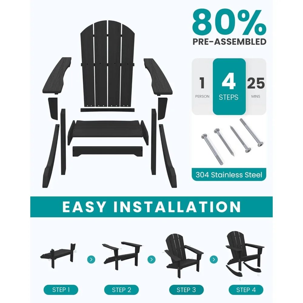 Modern Rocking Adirondack Chair Set of 2, All Weather Adirondack Rocker for Poolside, Lawn, Garden, Indoor, Outdoor