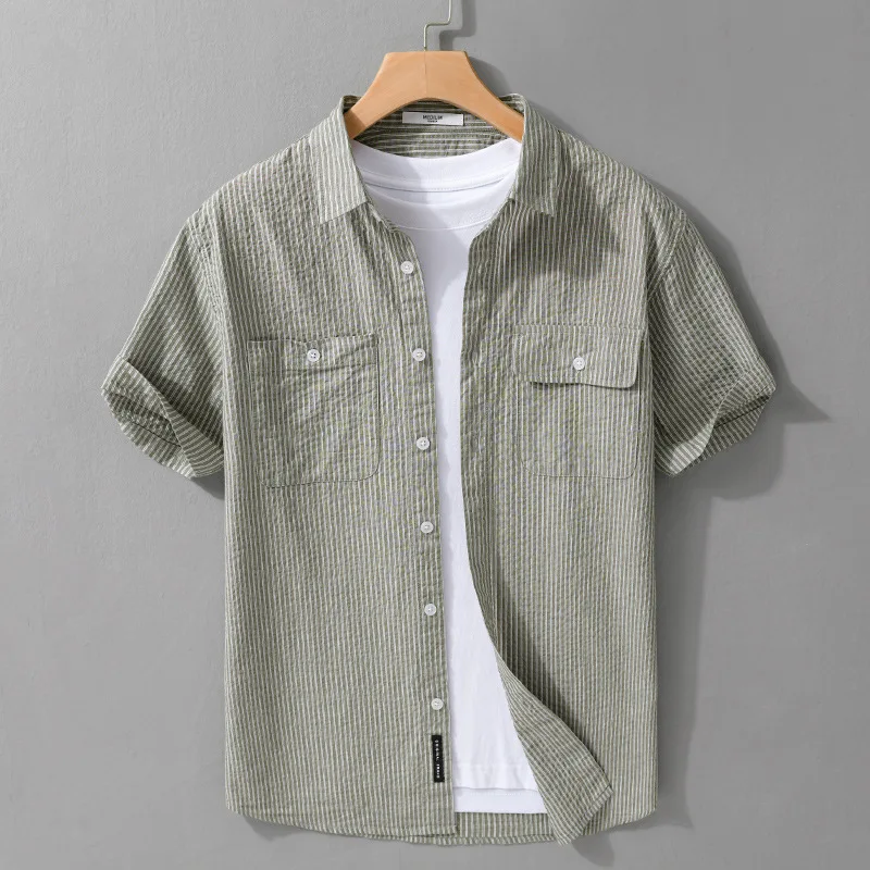 2024 Summer New Men Striped Shirt Pure Cotton Wrinkled Fabric Fashion Comfortable Short Sleeve FY735