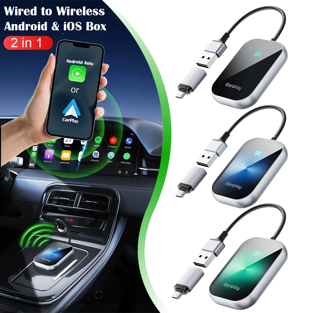 

Car Wireless Carplay Adapter for IOS Android Auto Bluetooth 5.0 Converter 2in1 Smart Dongle Auto Link Voice Control Universal