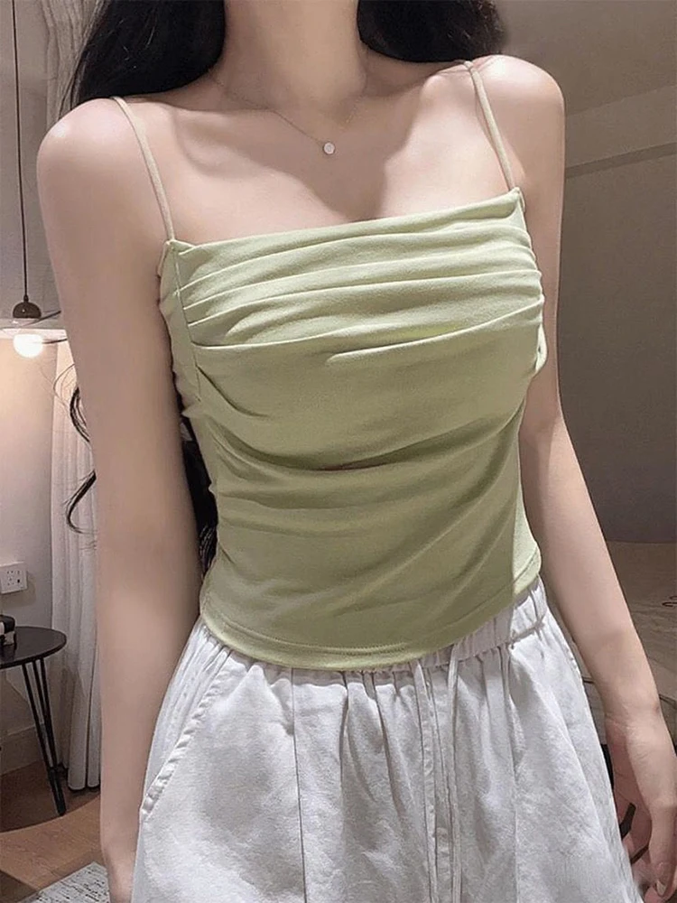 

Sexy Spaghetti Strap Camis Women Summer Fashion Slim With Breast Pads Casual Vest Y2K Korean Streetwear All Match Crop Tank
