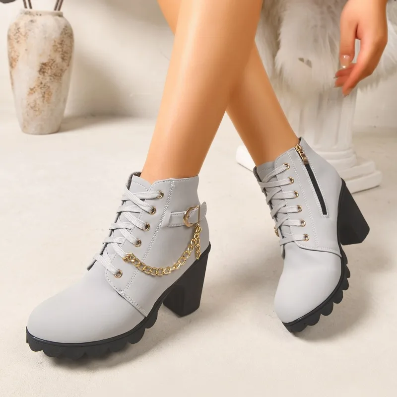 Spring Autumn Fashion Metal Chain Decor Round Toe Women's Ankle Boots 2026 New Solid Color Side Zipper Casual Women Short Boots