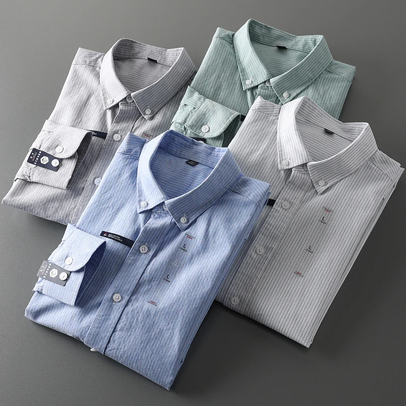 

Classic Evergreen Men's Long Sleeve Cotton Shirt Washed Casual Striped Business Casual Fashion Urban Style Breathable Sweat A...