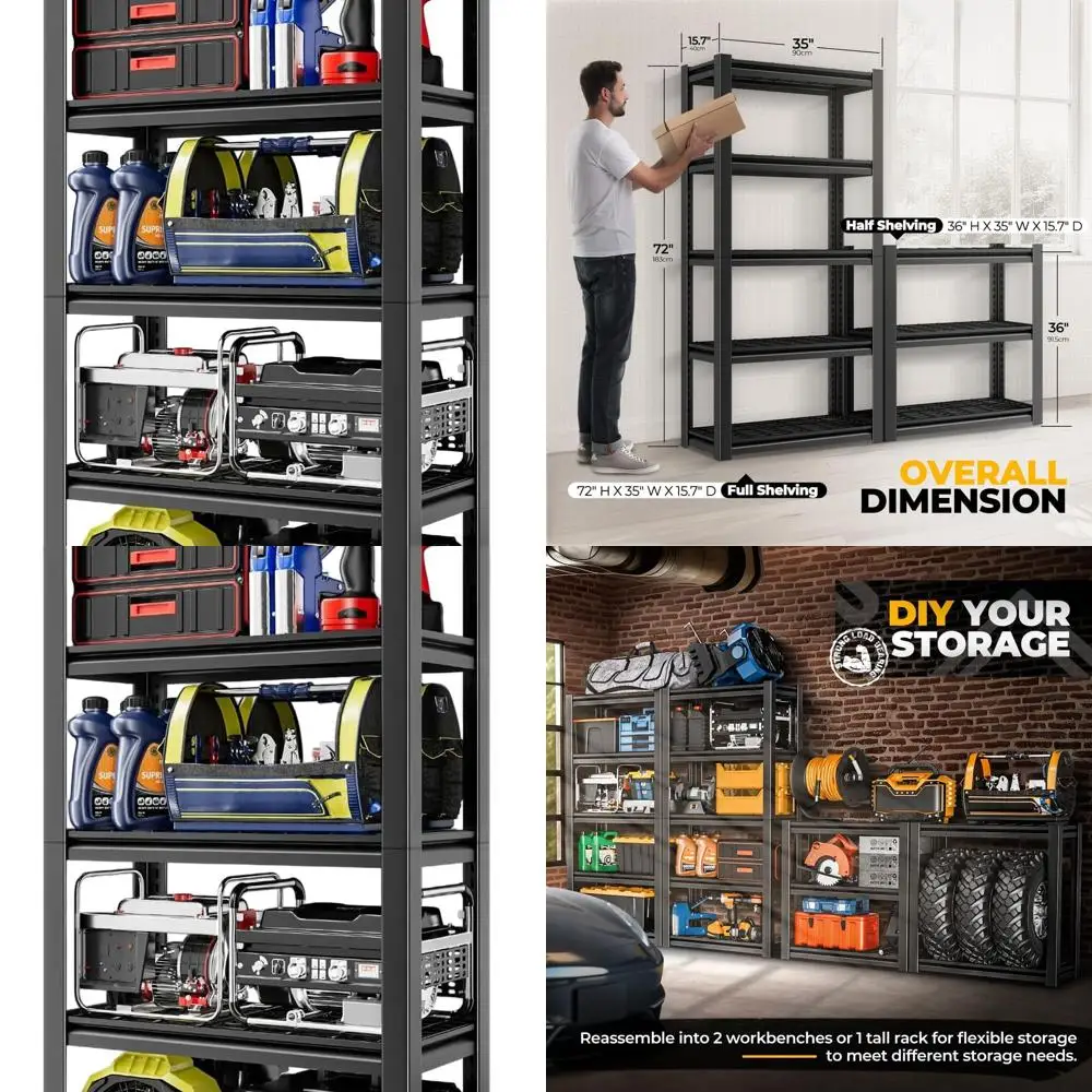 

5-Tier Heavy-Duty Adjustable Storage Shelf, 72 High, 35 Wide, 16 Deep, 3000LBS Capacity, Black