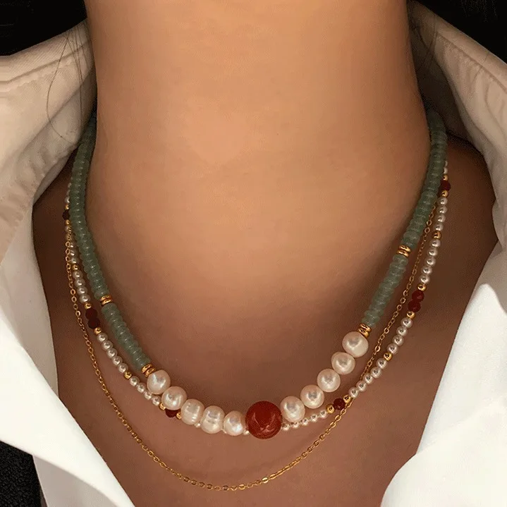 New Style Elegant Natural Jade & Freshwater Pearl & Agate Stone 14K Gold Filled Female Jewelry Set For Women Necklace Bracelet