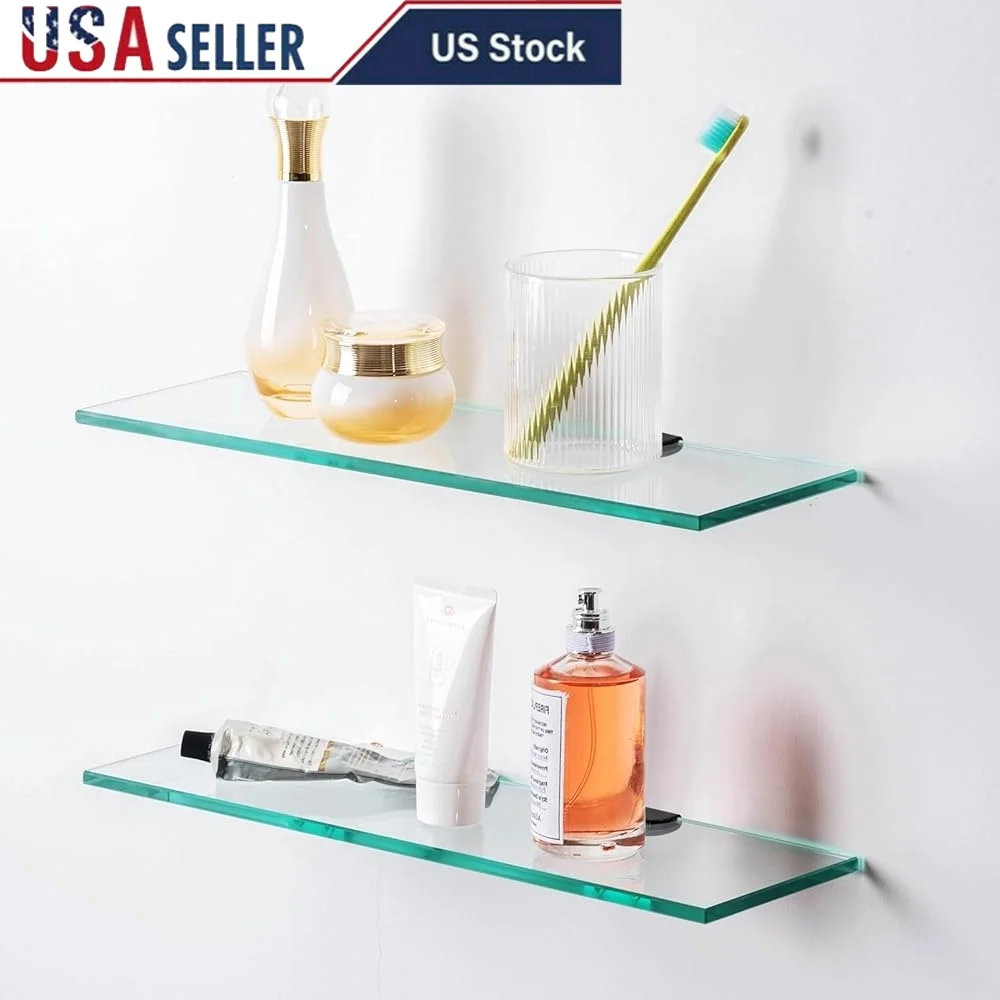 

2-Tier Floating Shower Glass Shelf Tempered Glass Bathroom Storage Rack Extra Thick Sturdy Brackets Waterproof Installation Kit