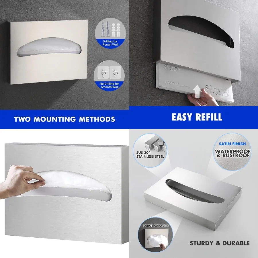 

Wall Mounted Toilet Seat Cover Dispenser with SUS 304 Stainless Steel Brushed Finish for Public Restrooms Hospitals and Offices