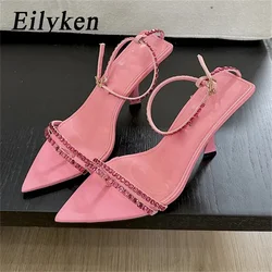 Eilyken-sandálias de cristal sexy com fivela para as mulheres, dedo apontado sandálias, salto alto, sapatos de festa, verão