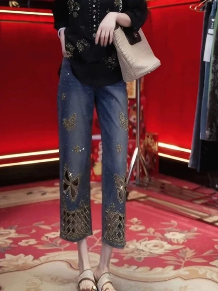 Heavy Embroidery Jeans Plus Size Rhinestone Hollow Straight Thin Loose Fit Breathable High Waist Slimming Casual Flared Trousers