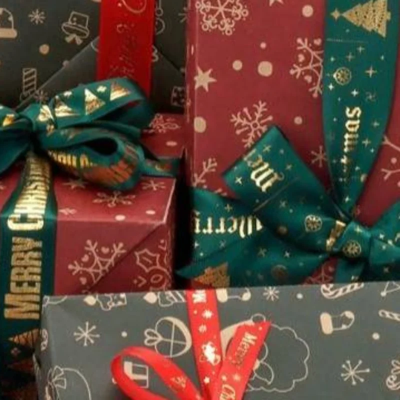 Christmas Satin Ribbon Gold Printed Xmas Gift Wrapping Ribbon for 2027 New Year Holiday Party DIY Craft Decor