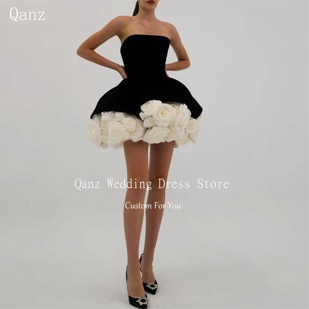 Qanz Black/White Ball Gowns Short Prom Dresses Velvet 3D Handmade Rose Flowers Mini Tutu Fluffy Party Evening Gowns Customized