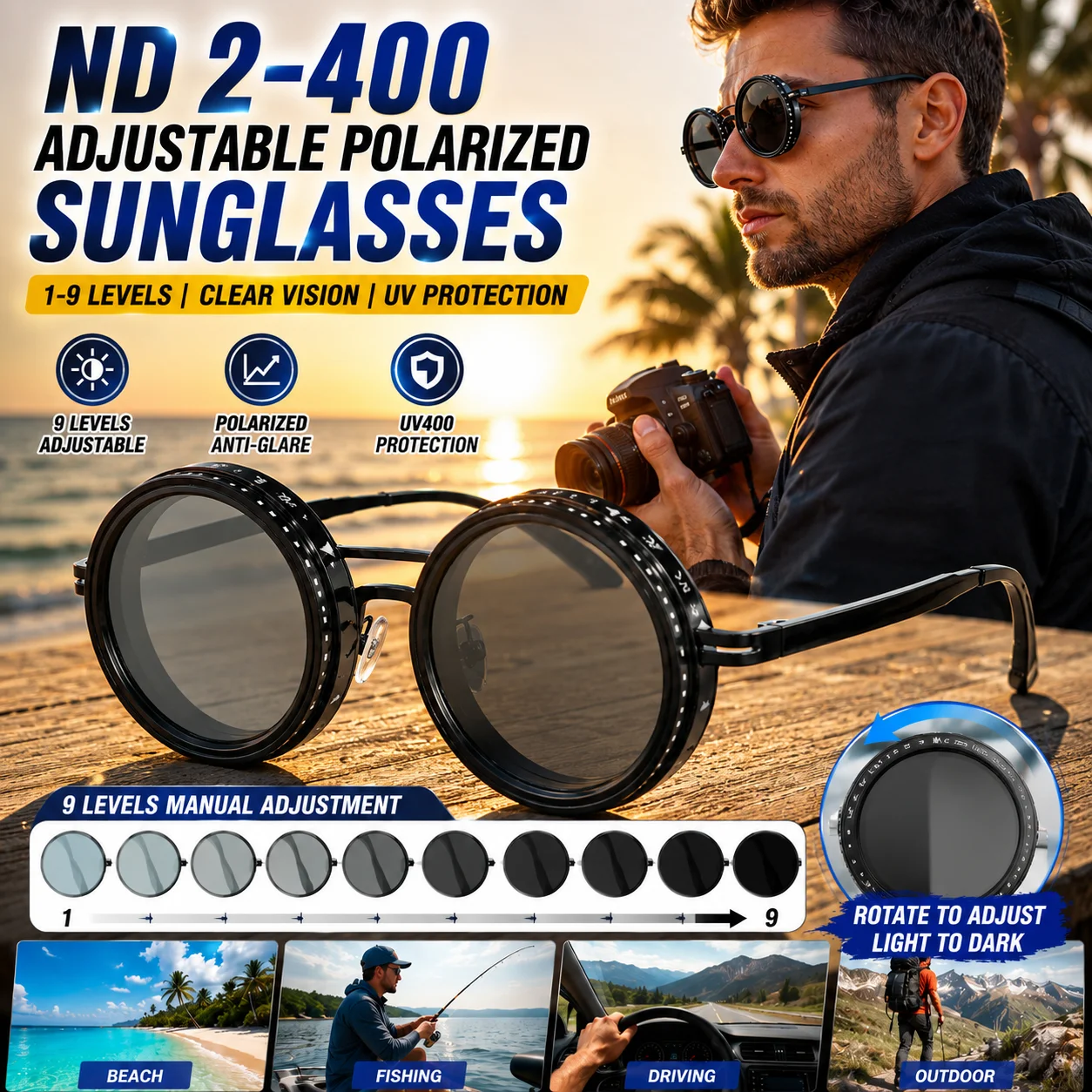 Dimmable Polarized Sunglasses ND2-400 Variable Neutral Density Filter UV400 Full Protection Adjustable Brightness Eyewear