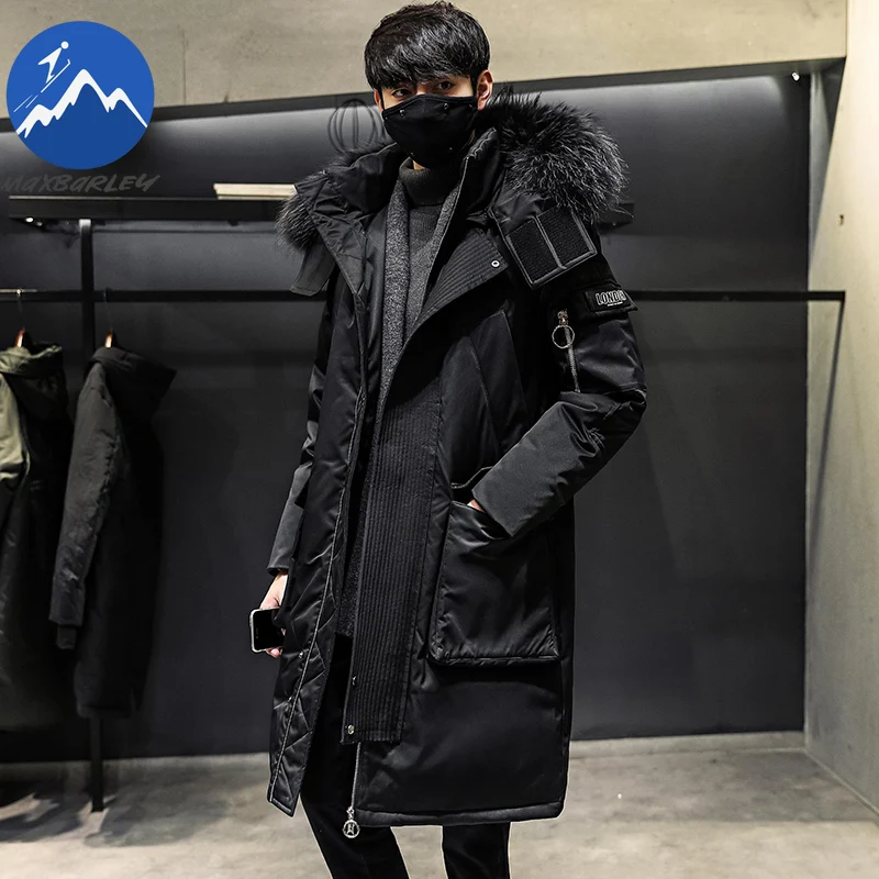 Maxbarley Premium Men Down Jacket Fur Collar Hood Outdoor Travel Cold Resistant Parkas Fashion Street Comfortable Warm Long Coat
