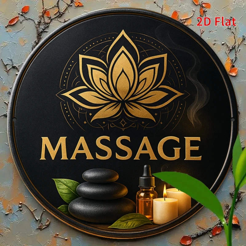 2D Flat - [2Dflat] 1pc 7.87X7.87inch Round Aluminum Sign- Golden Lotus Massage Tin Sign- Spa Wellness Wall Decor for Massage The