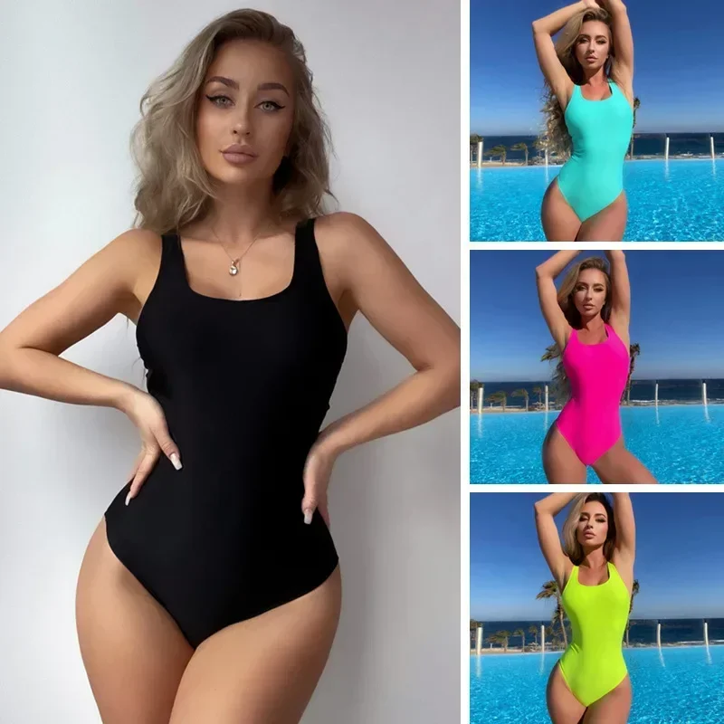 

Women 2025 Sexy Backless One Piece Swimsuit Push Up Slim Solid Black/Bluish Green/Fluorescent Yellow/Rose Red/White Beachwear